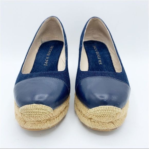 Jack Rogers Palmer Blue Closed Cap Toe Fabric/Leather Wedge Espadrilles Sz 5 - Picture 4 of 12